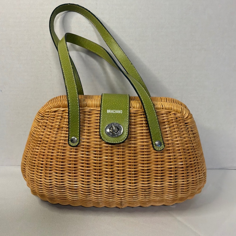 Braciano Wicker Green Faux Leather Trim Pink Polka Dot Lining Vintage Style Bag